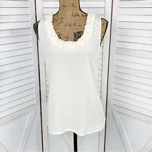 Halogen Ruffle Trim Neck Sheer Silk Sleeveless Top Cream Small - Picture 1 of 12